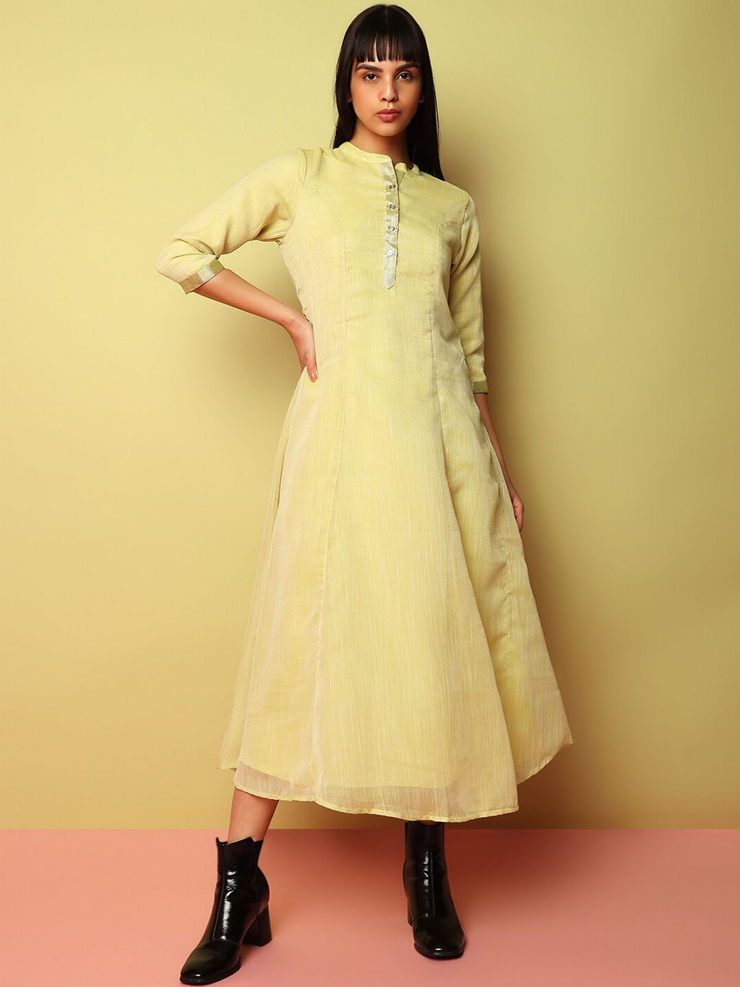 

Indifusion Mandarin Collar A-line Maxi Ethnic Dresses, Yellow