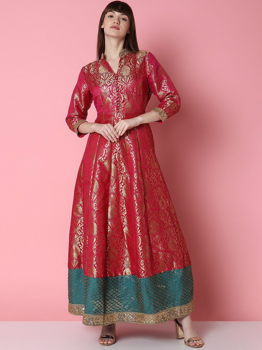 

Indifusion Ethnic Motifs Mandarin Collar Jacquared Fit & Flare Maxi Ethnic Dress, Red