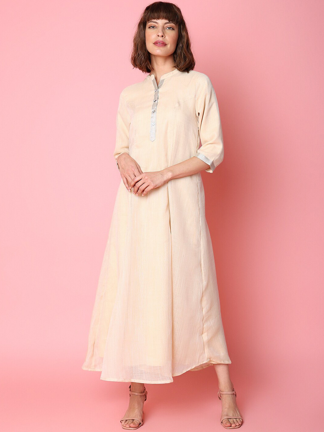 

Indifusion Mandarin Collar Fit & Flare Maxi Ethnic Dresses, Beige