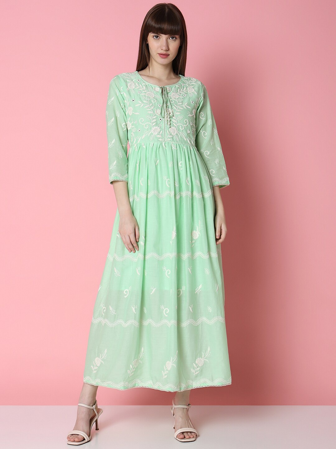 

Indifusion Floral Embroidered Cotton Fit & Flare Maxi Dress, Green