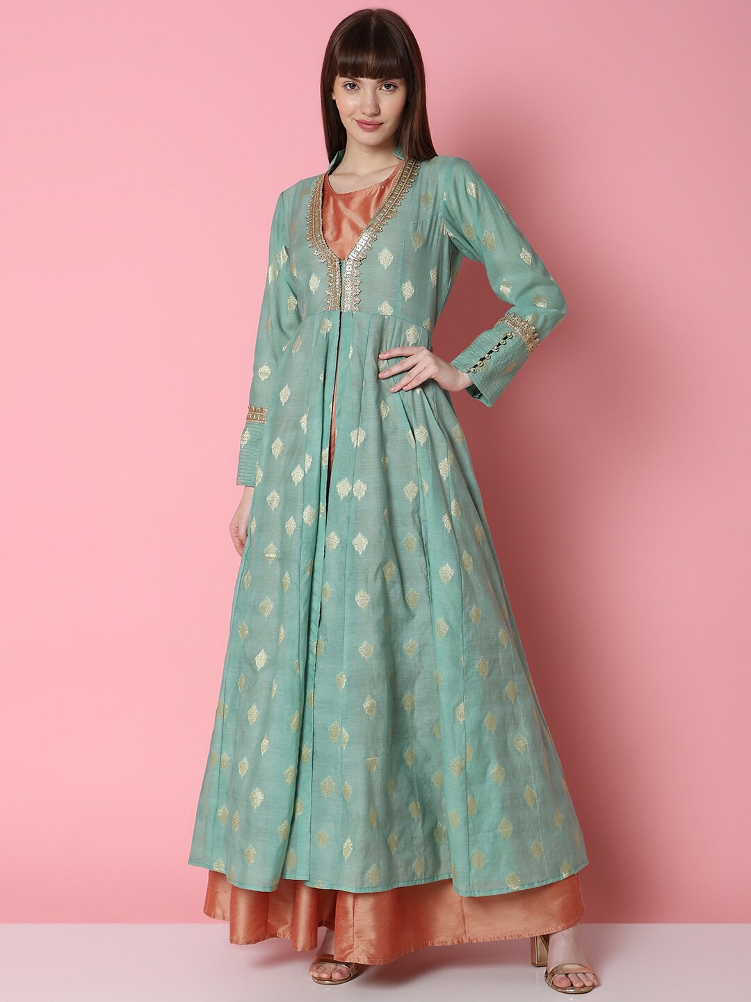 

Indifusion Ethnic Motifs Printed Jacquared Fit & Flare Maxi Dress, Sea green