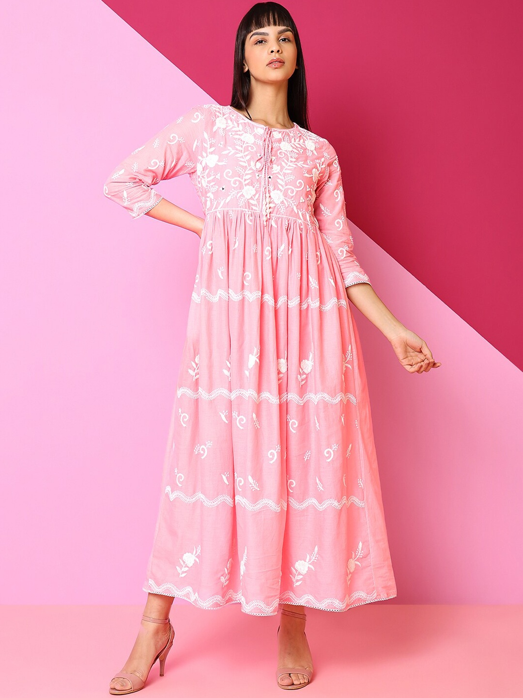 

Indifusion Floral Embroidered Cotton Fit & Flare Maxi Dress, Pink