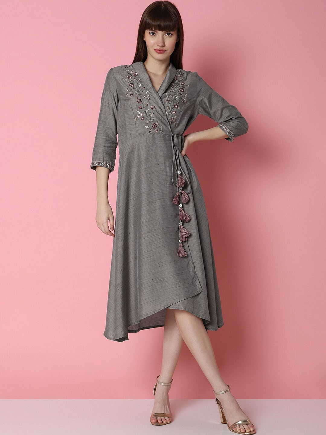 

Indifusion Floral Embroidered Cotton A-line Midi Ethnic Dress, Grey