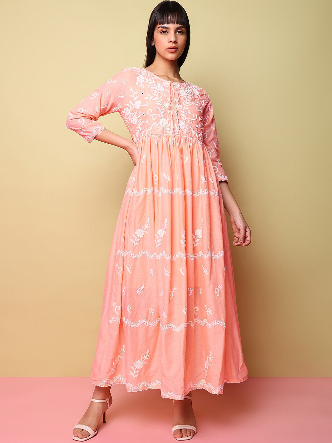

Indifusion Floral Embroidered Cotton Fit & Flare Maxi Dress, Peach
