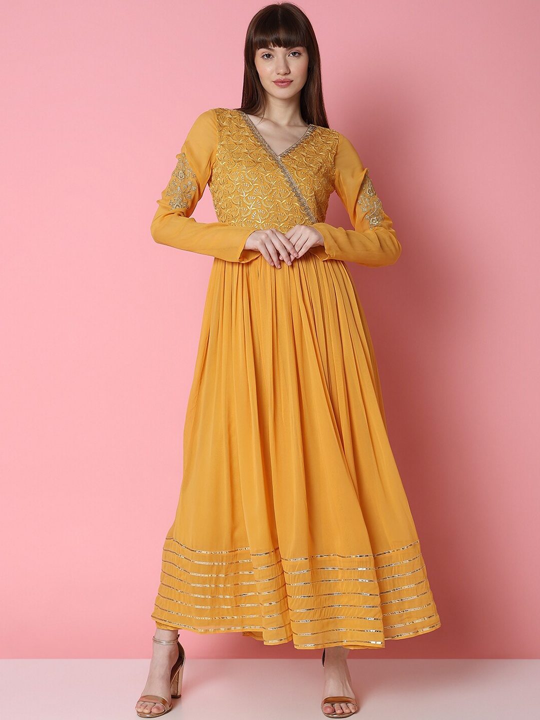 

Indifusion Embroidered Georgette Fit & Flare Maxi Ethnic Dress, Yellow