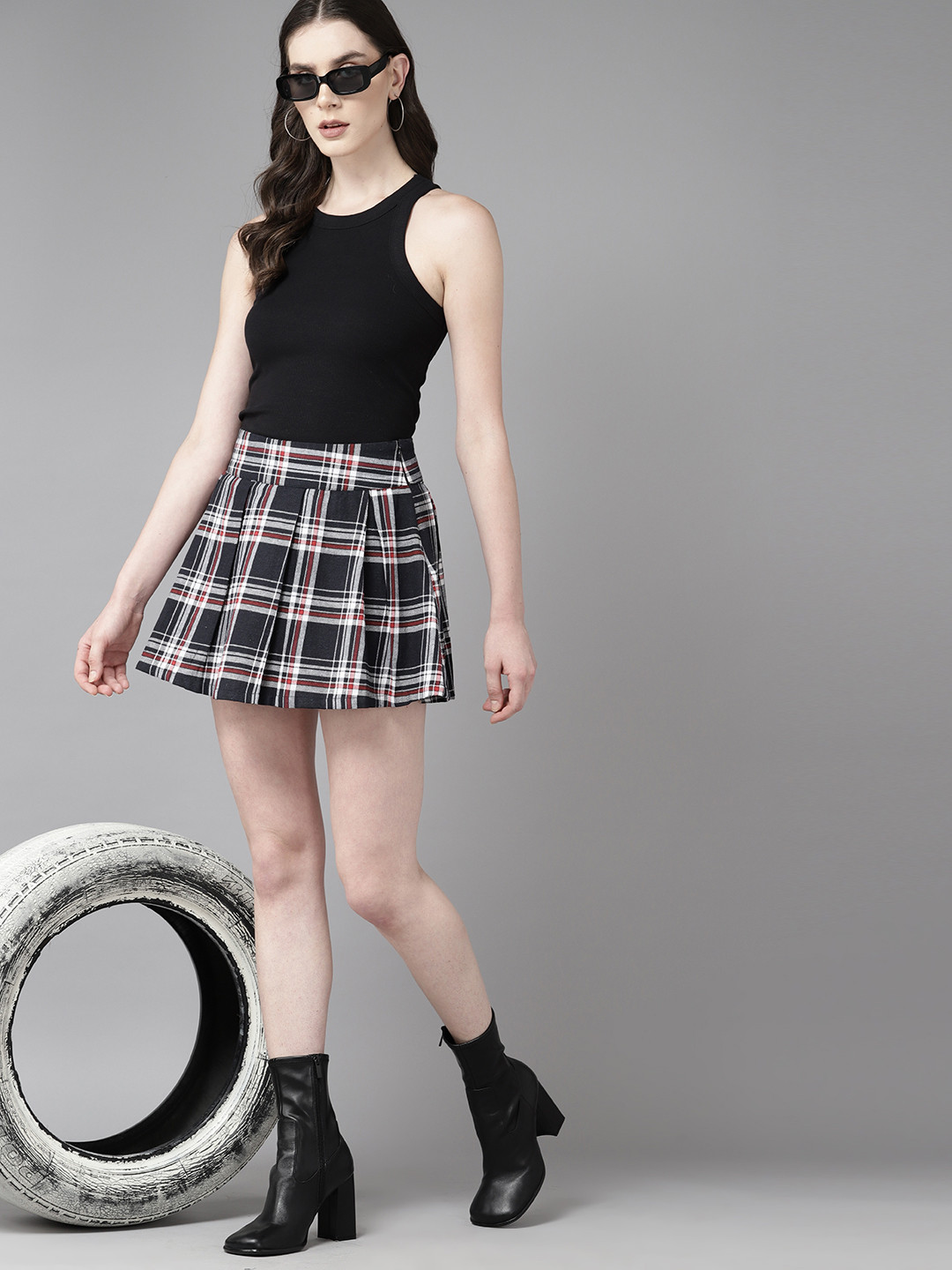 

Roadster Checked A-Line Cotton Mini Skirt, Navy blue