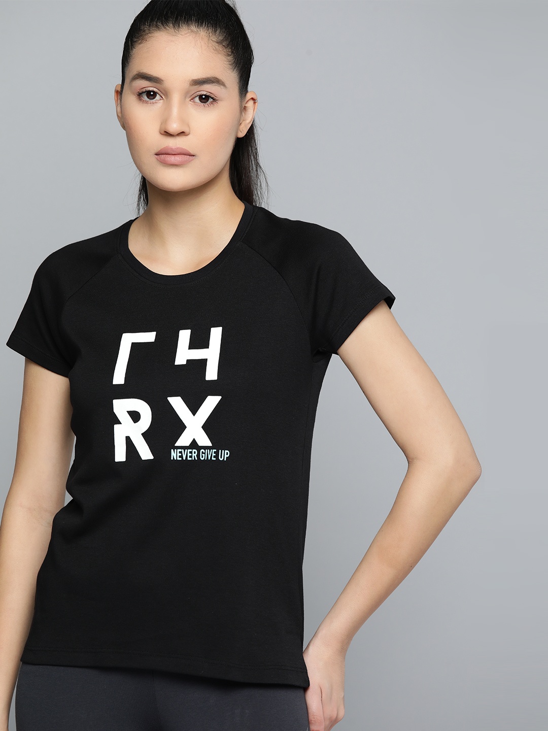 

HRX by Hrithik Roshan Women Brand Logo Print Pure Cotton T-shirt, Black