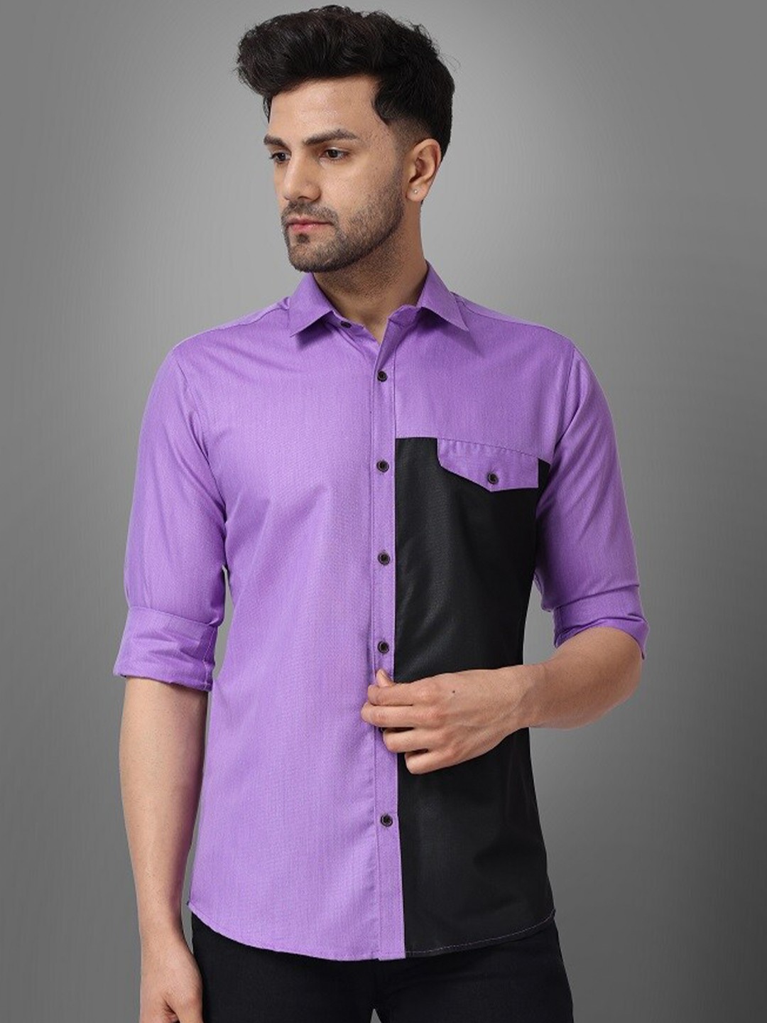 

Voroxy Regular Fit Colourblocked Spread Collar Cotton Casual Shirt, Purple
