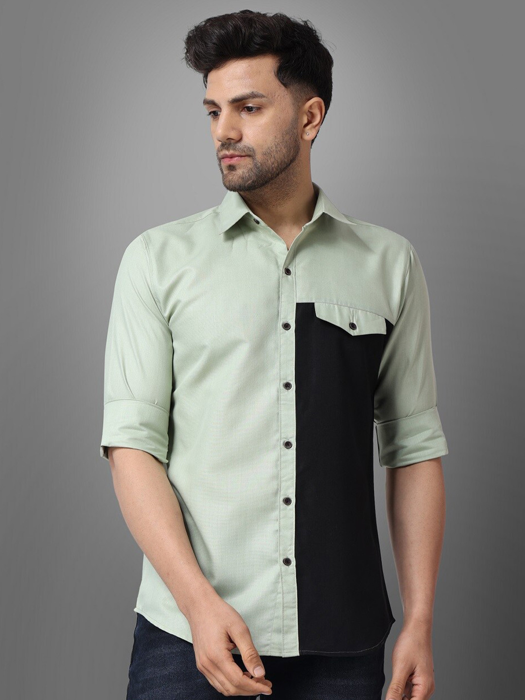 

Voroxy Regular Fit Colourblocked Spread Collar Cotton Casual Shirt, Olive