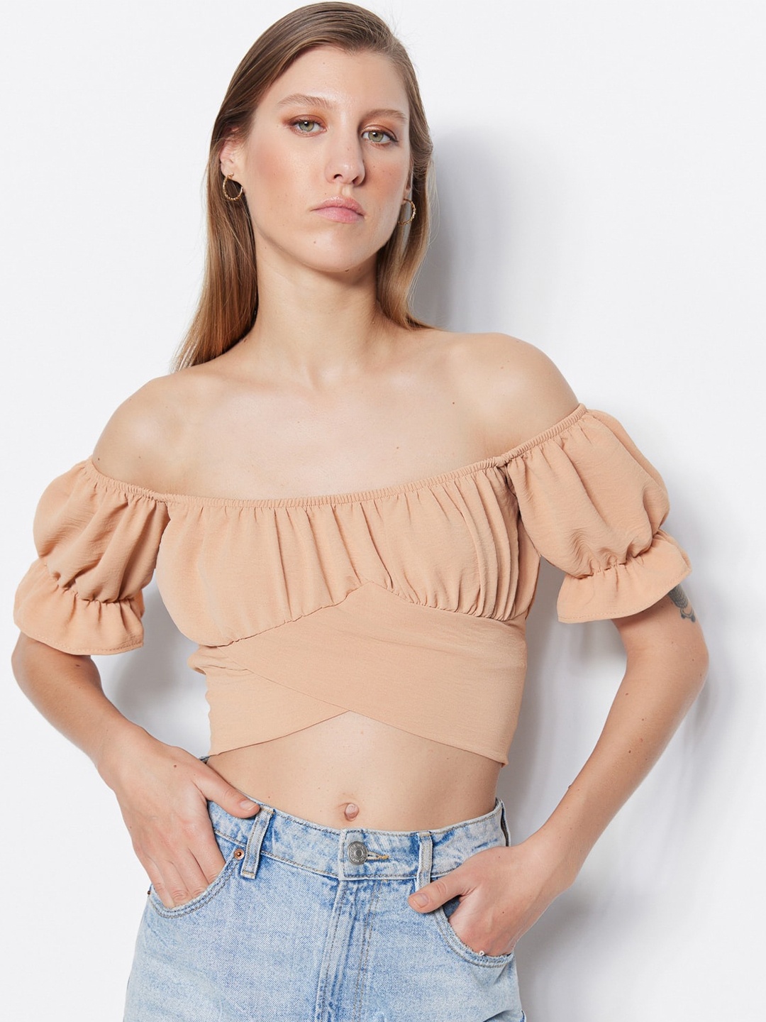 

Trendyol Off-Shoulder Bardot Crop Top, Beige