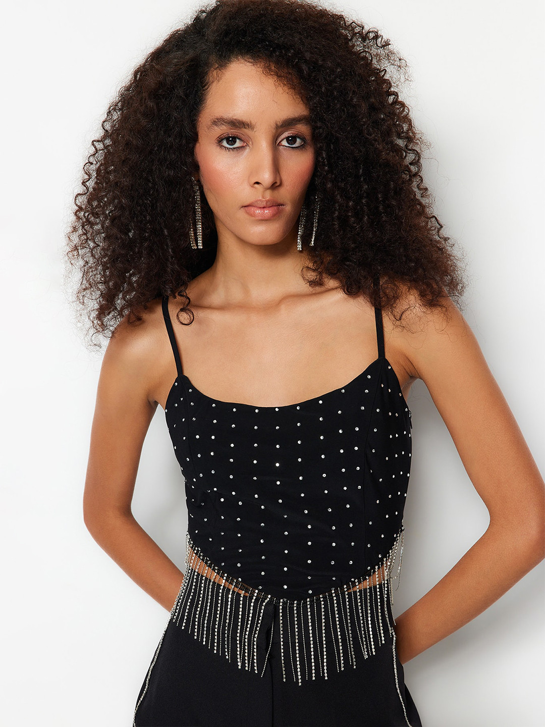 

Trendyol Shoulder Straps Embellished Fitted Crop Top, Black
