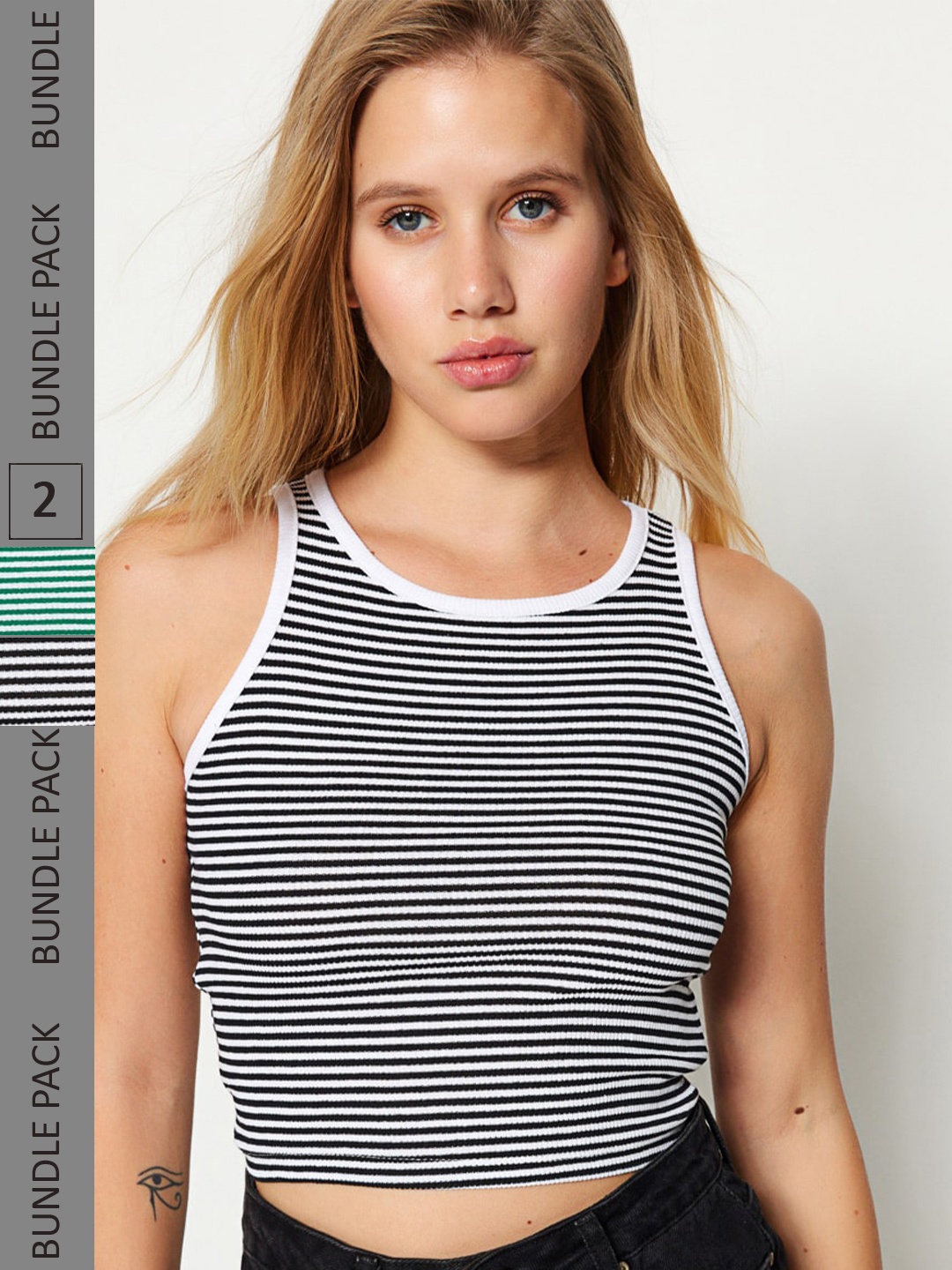 

Trendyol Pack of 2 Striped Crop Tank Top, Black