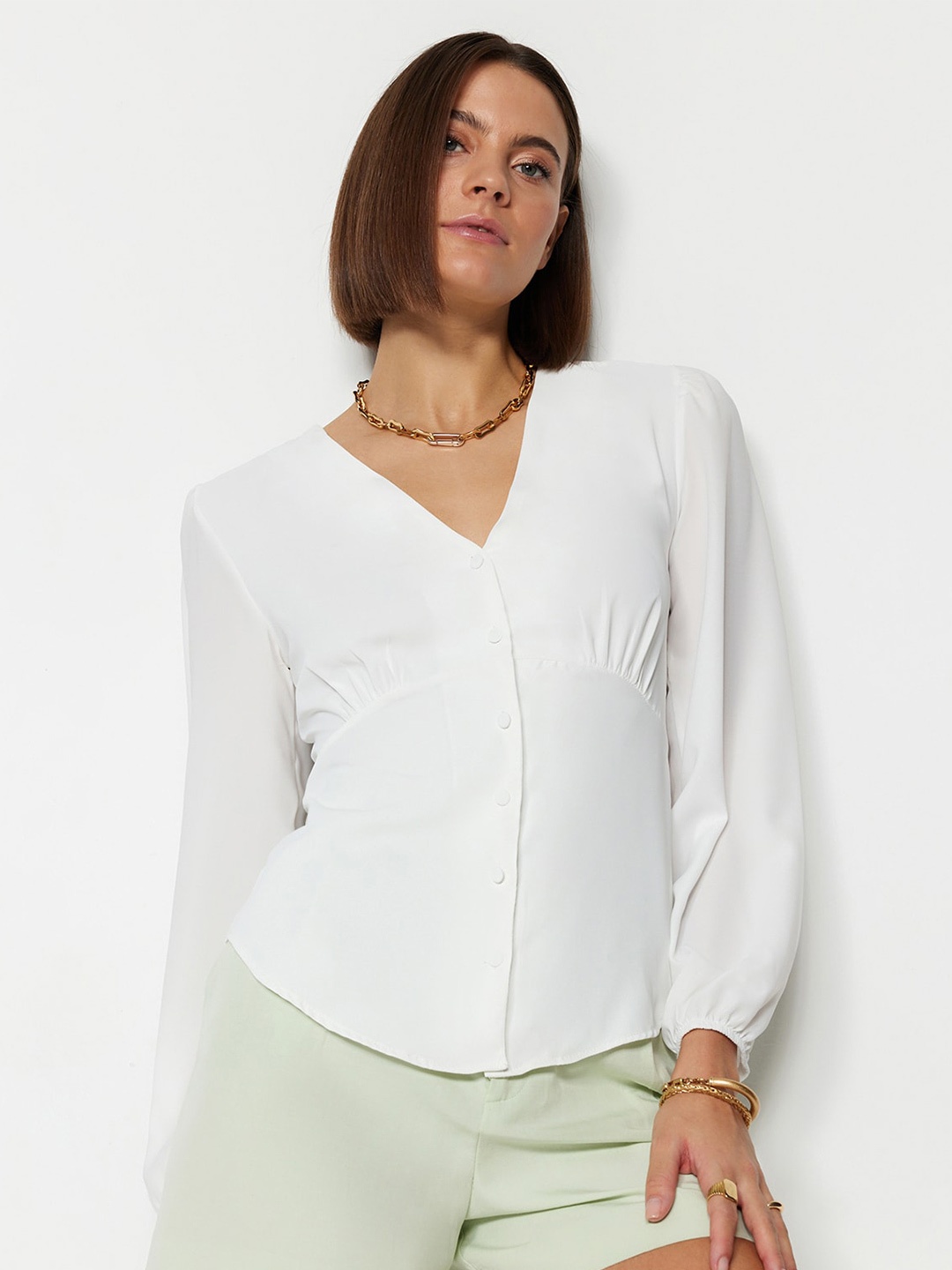 

Trendyol V-Neck Cuff Sleeves Casual Top, White