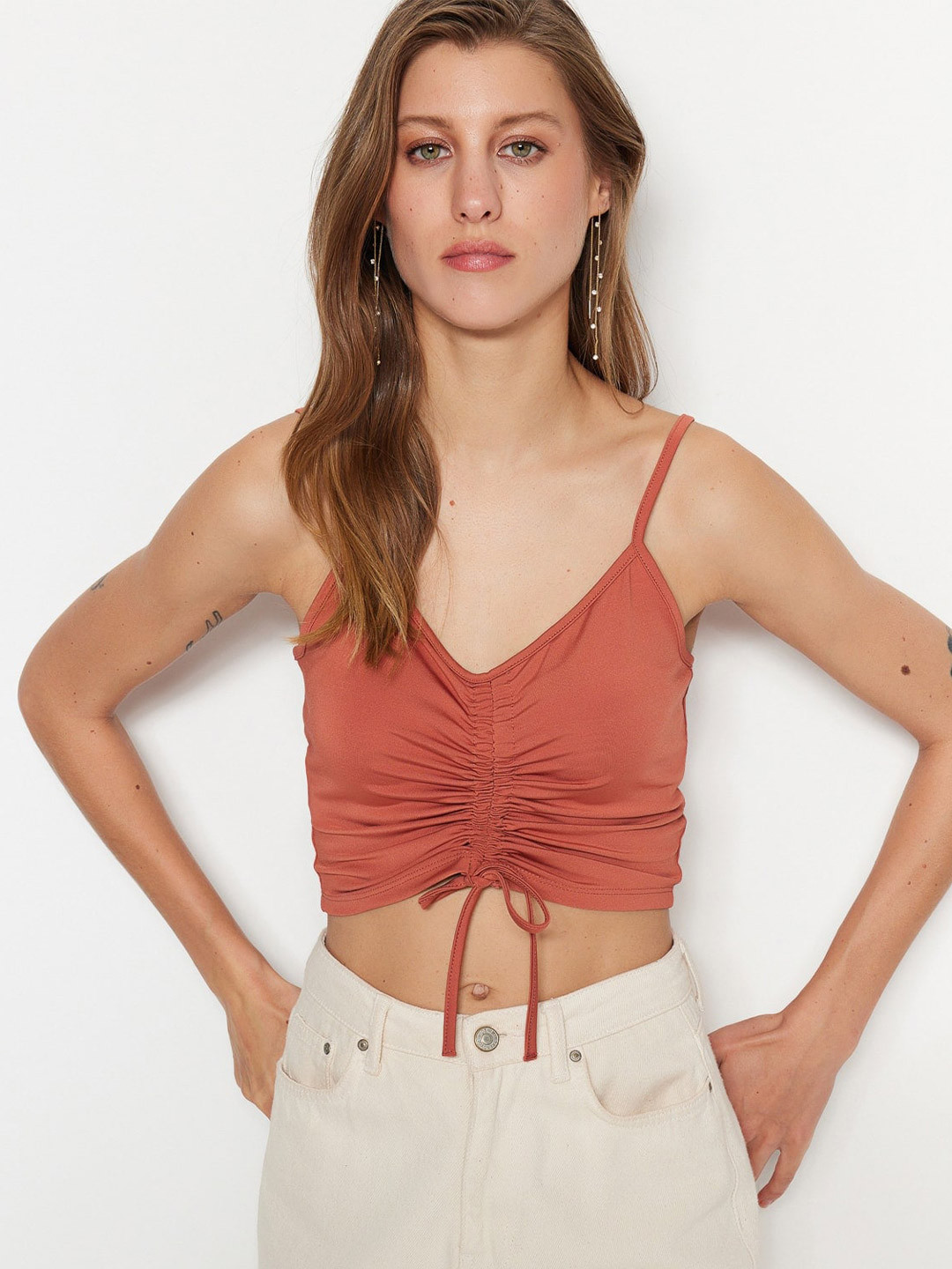 

Trendyol Shoulder Straps Ruched Fitted Crop Top, Brown