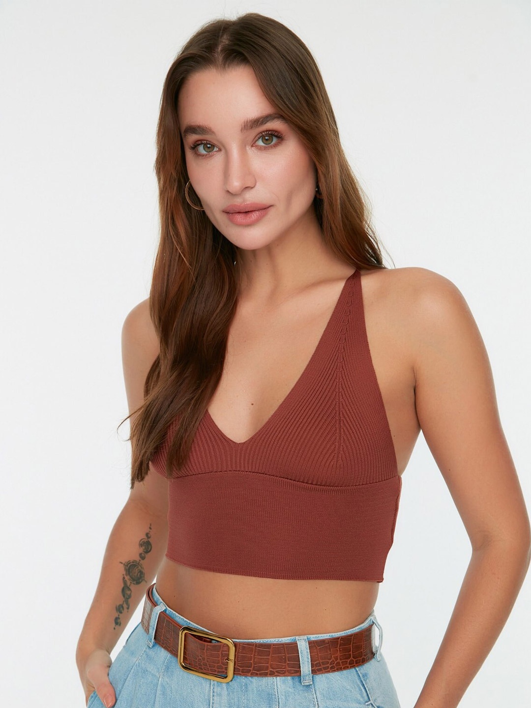 

Trendyol Shoulder Strap Bralette Crop Top, Brown