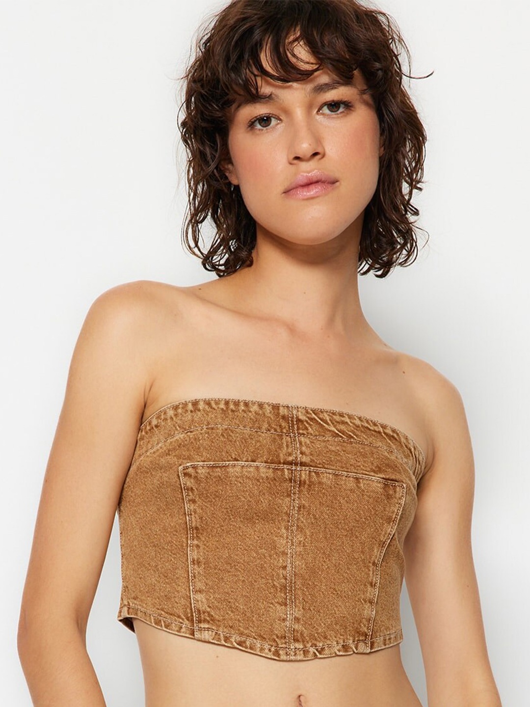 

Trendyol Pure Cotton Tube Crop Top, Brown