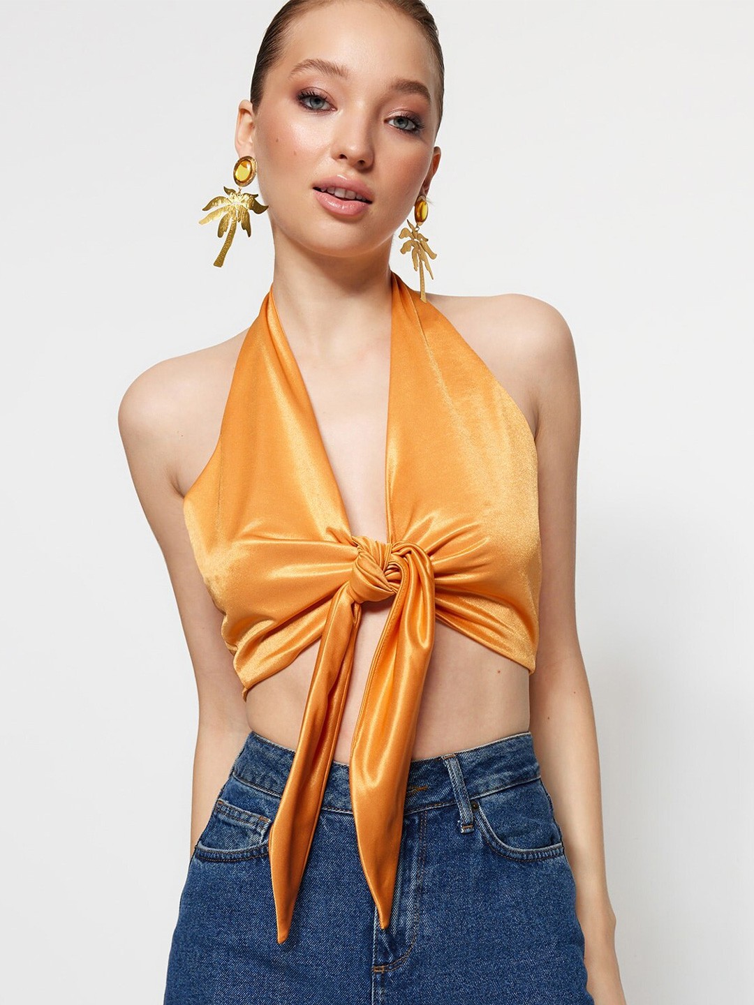 

Trendyol Halter Neck Tie-Up Crop Top, Orange