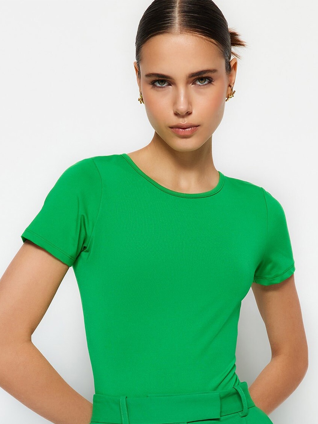 

Trendyol Round Neck Styled Back Casual Top, Green