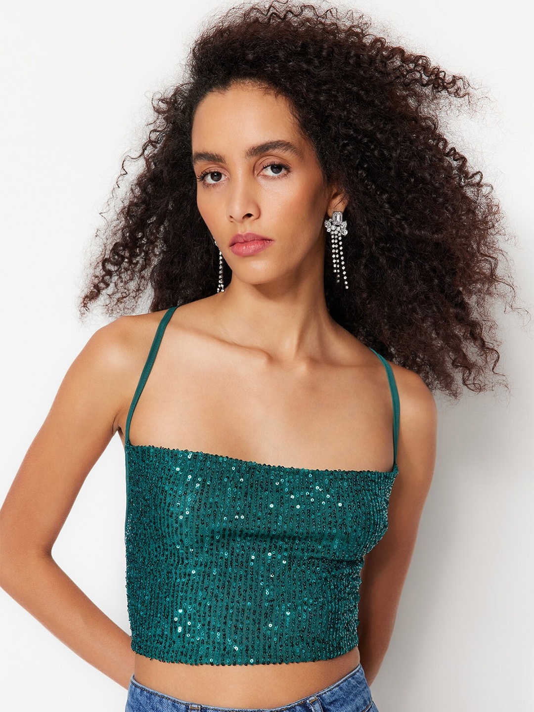 

Trendyol Sequined Shoulder Strapped Crop Top, Green