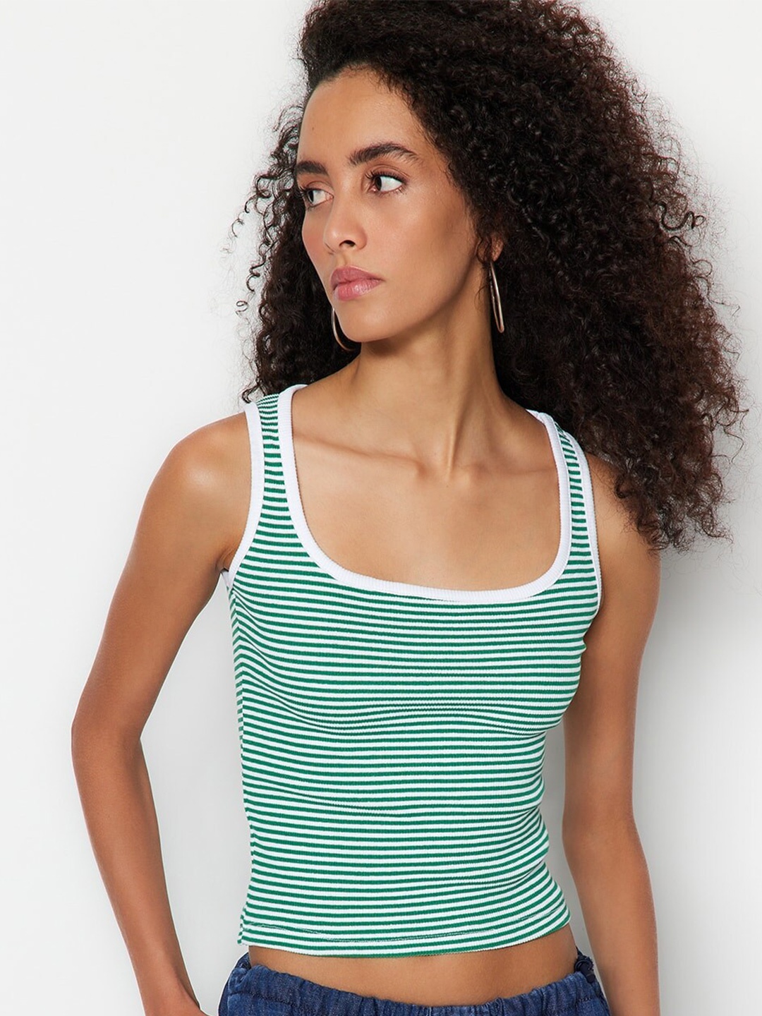 

Trendyol Striped Scoop Neck Sleeveless Tank Crop Top, Green