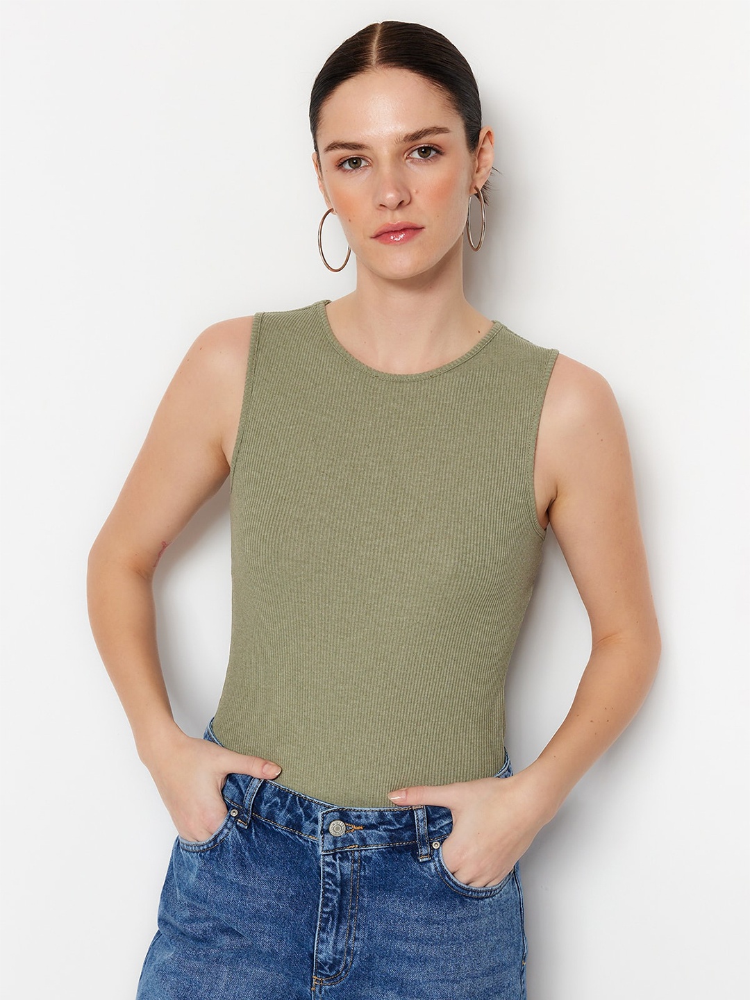 

Trendyol Round Neck Cotton Styled Back Top, Green