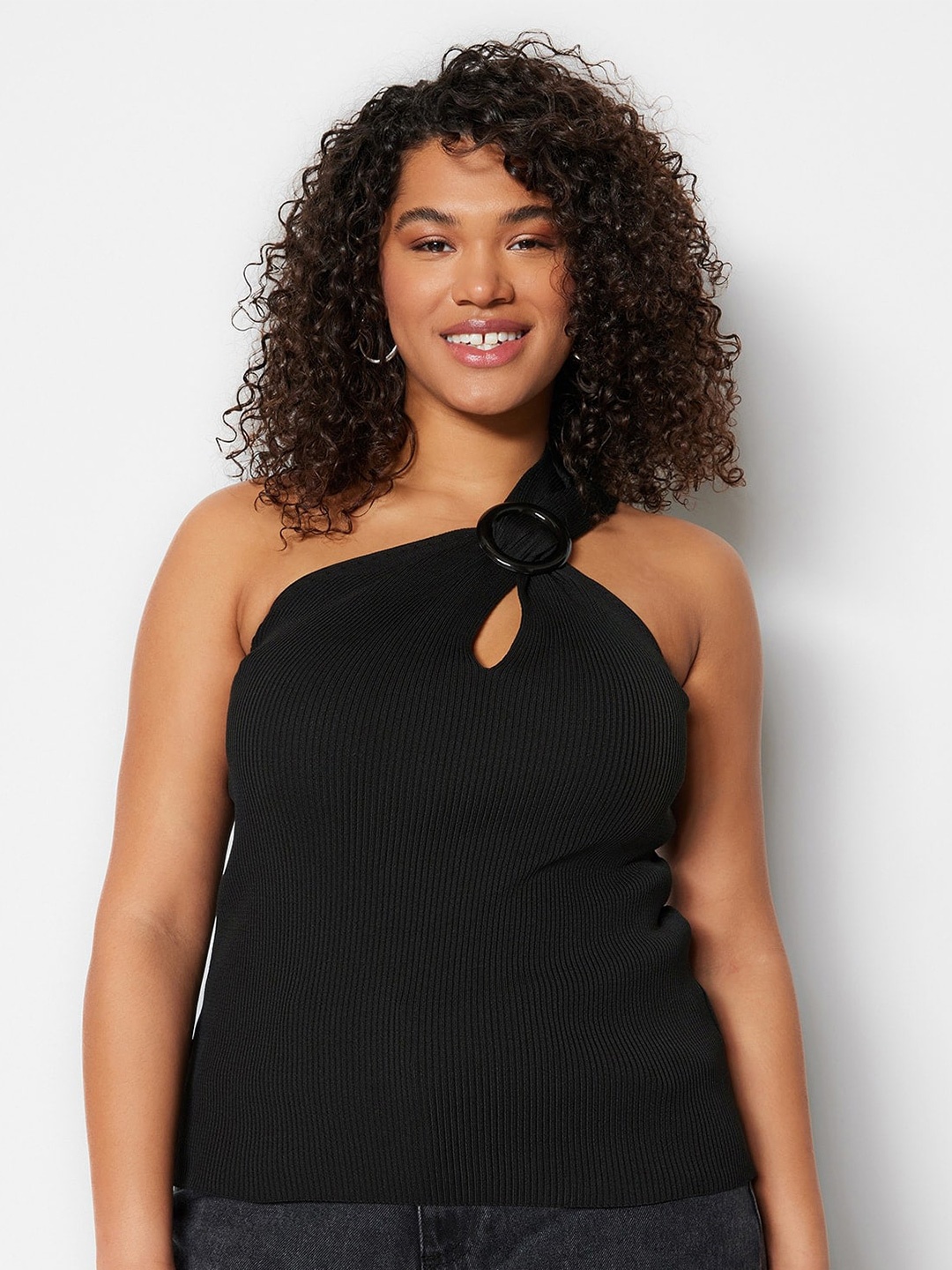 

Trendyol Self Design One Shoulder Ribbed Fitted Top, Black