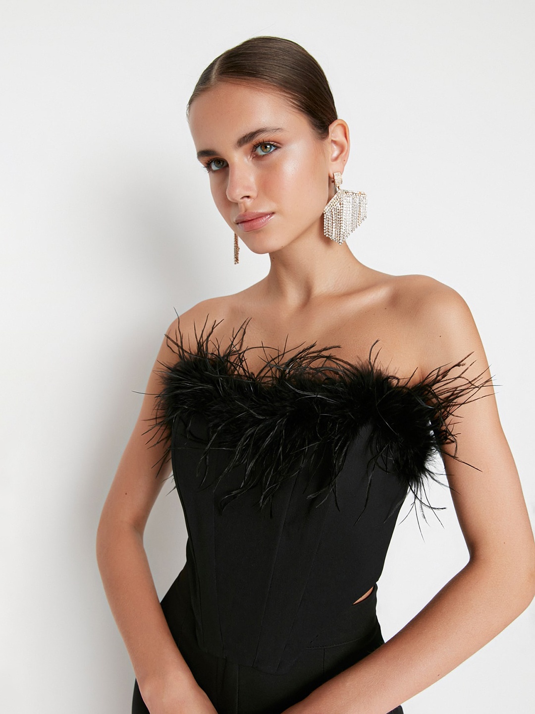 

Trendyol Off-Shoulder Crop Top With Faux Fur Trim, Black