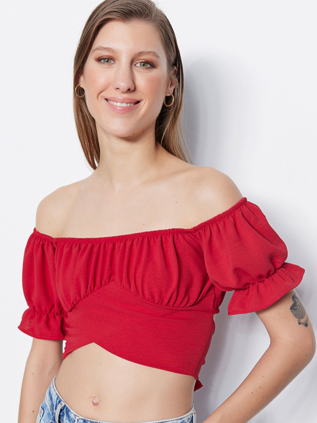 

Trendyol Off-Shoulder Puff Sleeve Bardot Crop Top, Na