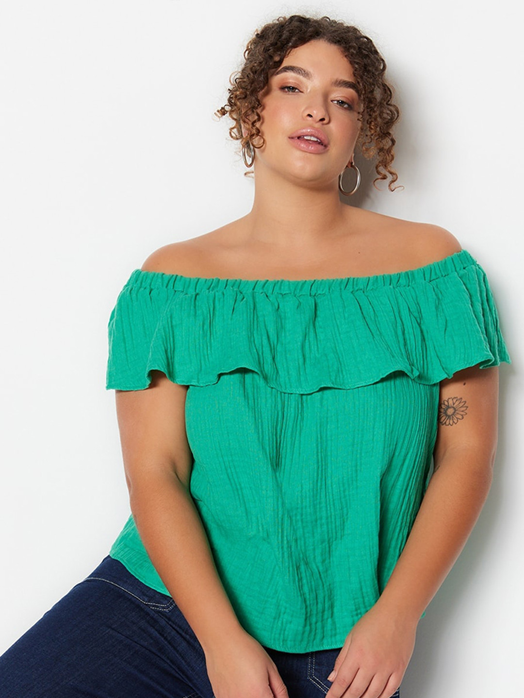 

Trendyol Off-Shoulder Cotton Pure Cotton Bardot Top, Sea green