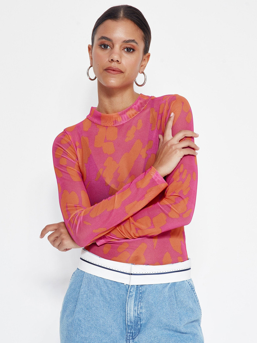 

Trendyol Abstract Printed High Neck Semi-Sheer Top, Pink
