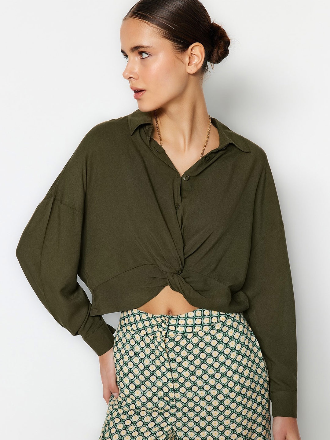 

Trendyol Batwing Sleeve Shirt Style Top, Olive
