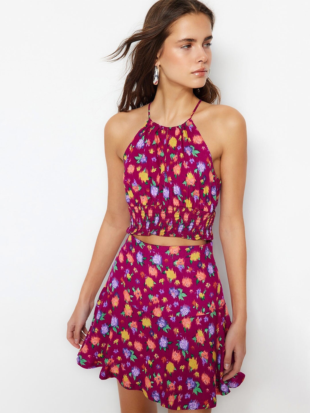 

Trendyol Floral Print Halter Neck Crop Top, Fuchsia