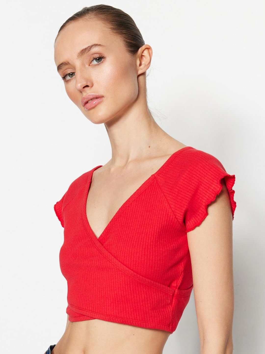 

Trendyol Ribbed Cotton Wrap Crop Top, Red