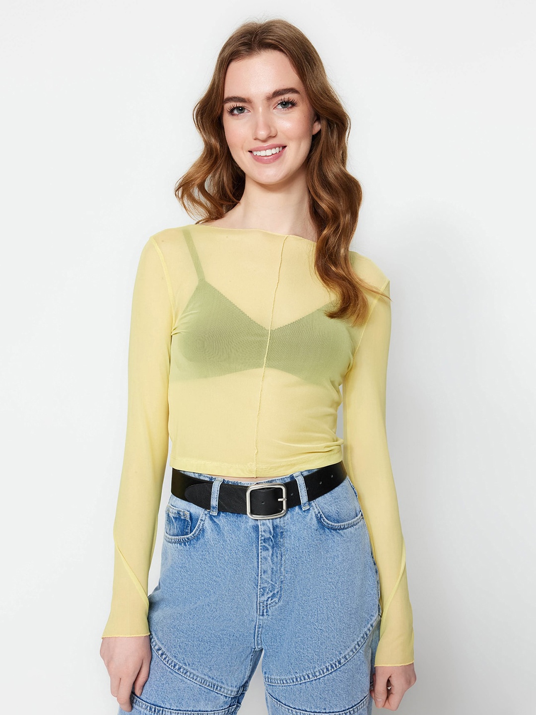 

Trendyol High Neck Full Sleeve Sheer Crop Top, Lime green