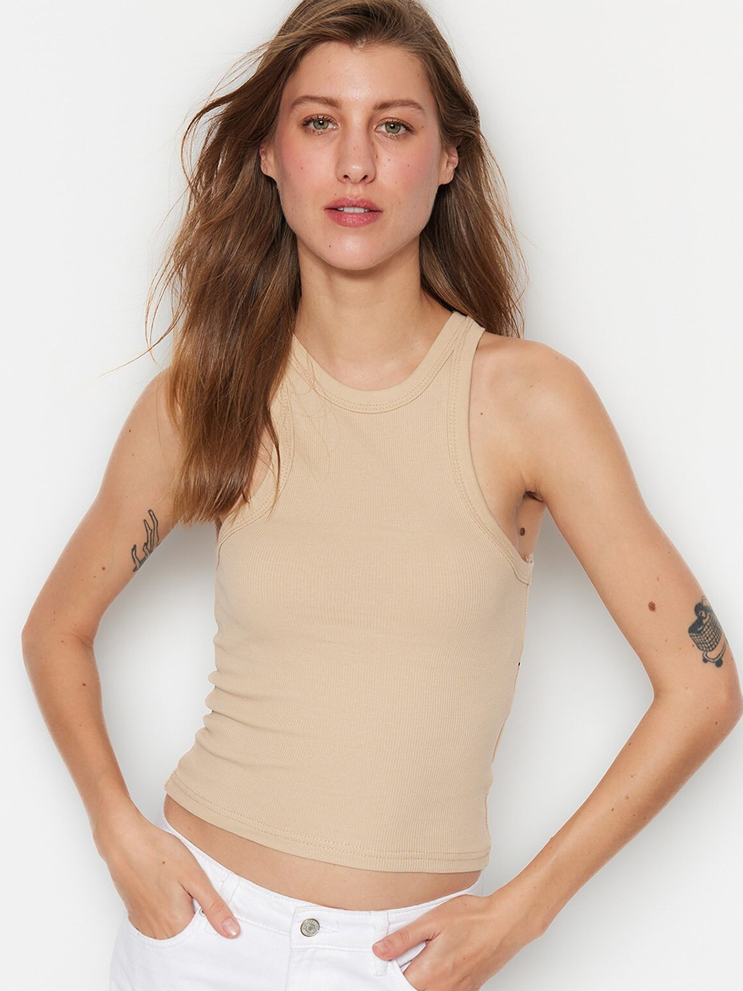 

Trendyol Sleeveless Cotton Crop Top, Beige