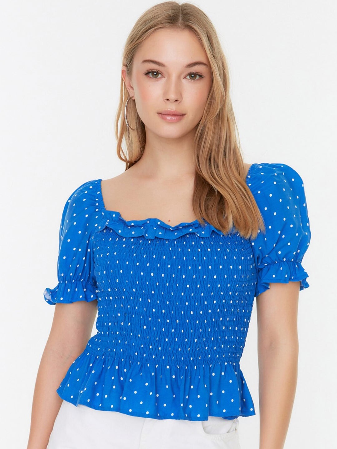 

Trendyol Polka Dot Printed Square Neck Puff Sleeves Smocked Fitted Top, Blue