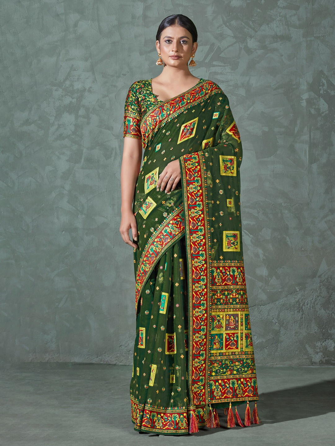 

MONJOLIKA FASHION Ethnic Motifs Woven Design Silk Cotton Jamdani Saree, Green
