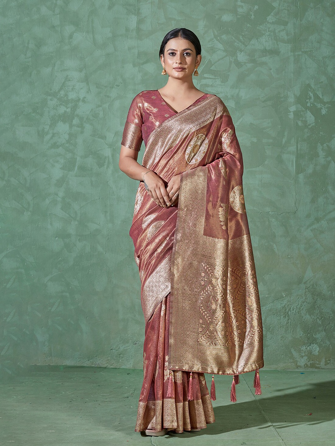 

MONJOLIKA FASHION Ethnic Motifs Woven Design Zari Bomkai Silk Saree, Rust