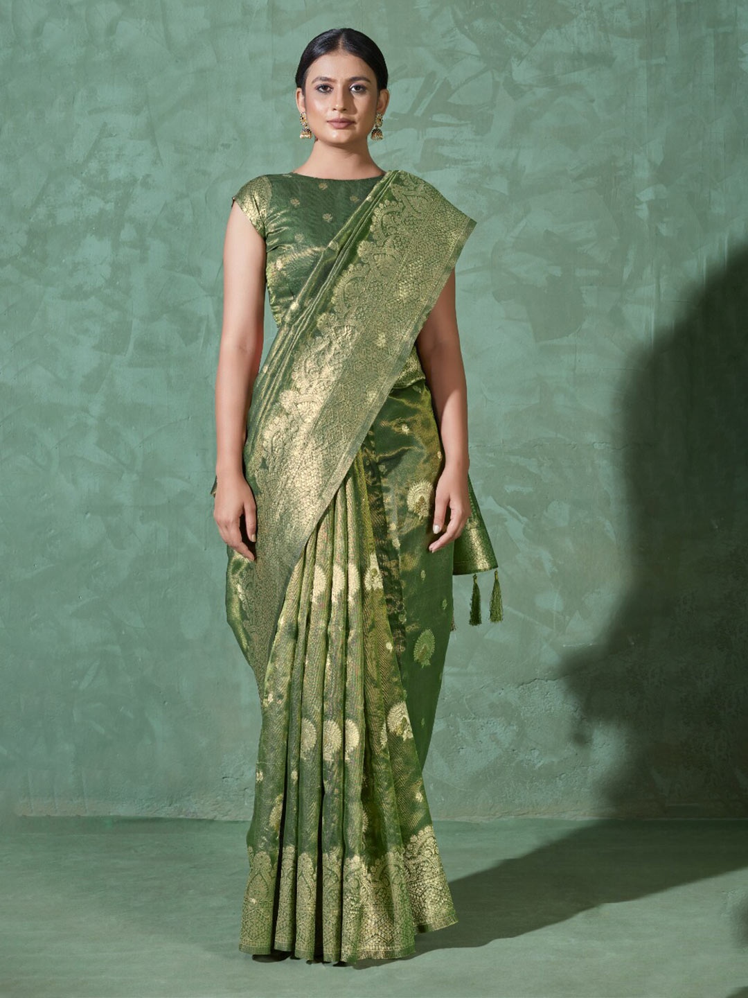 

MONJOLIKA FASHION Woven Design Zari Bomkai Silk Saree, Olive