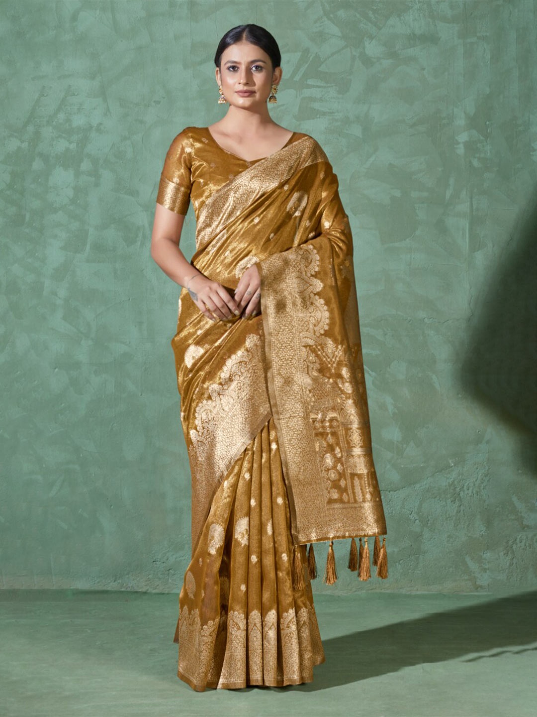 

MONJOLIKA FASHION Woven Design Zari Bomkai Silk Saree, Mustard