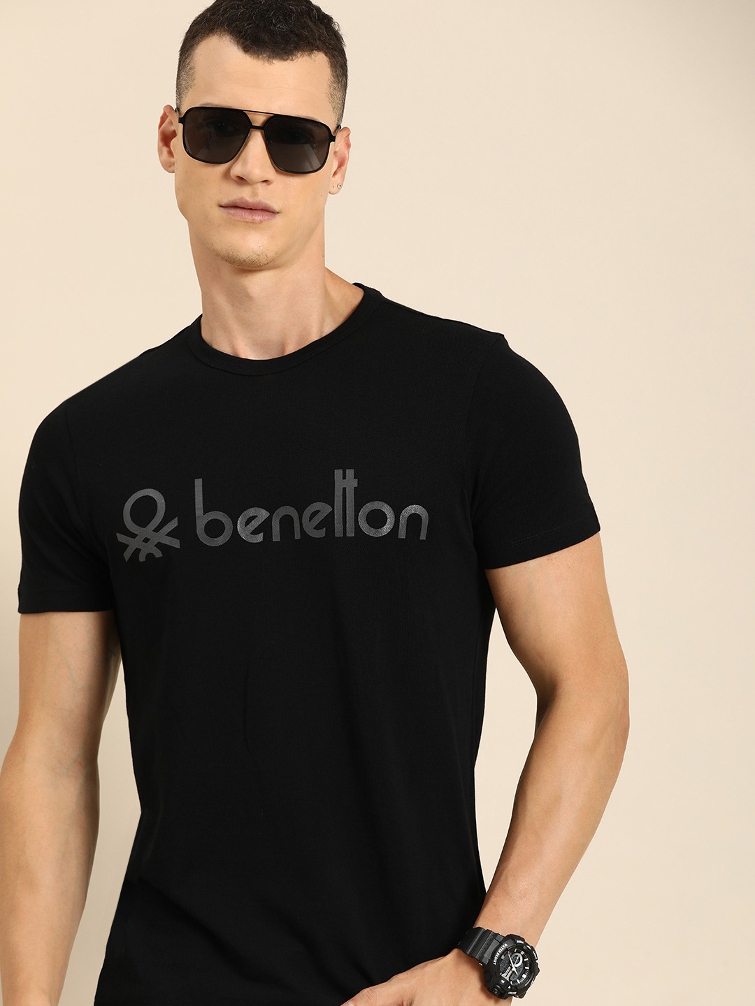 

United Colors of Benetton Brand Logo Printed Pure Cotton T-shirt, Black