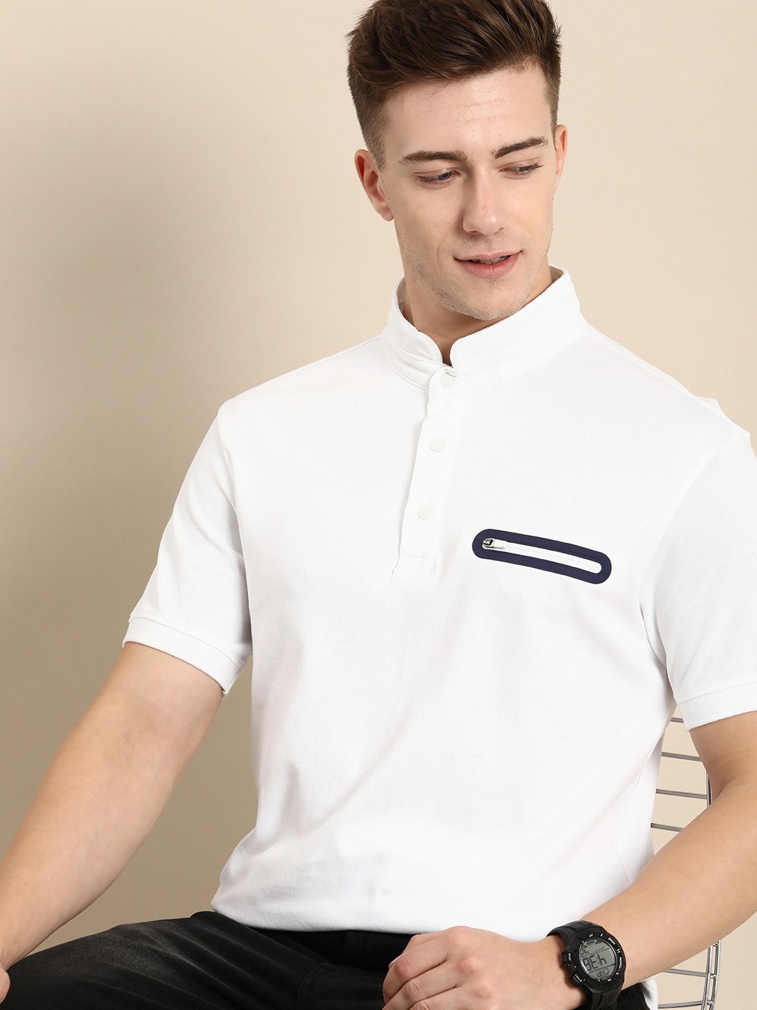 

United Colors of Benetton Mandarin Collar Pure Cotton T-shirt, White