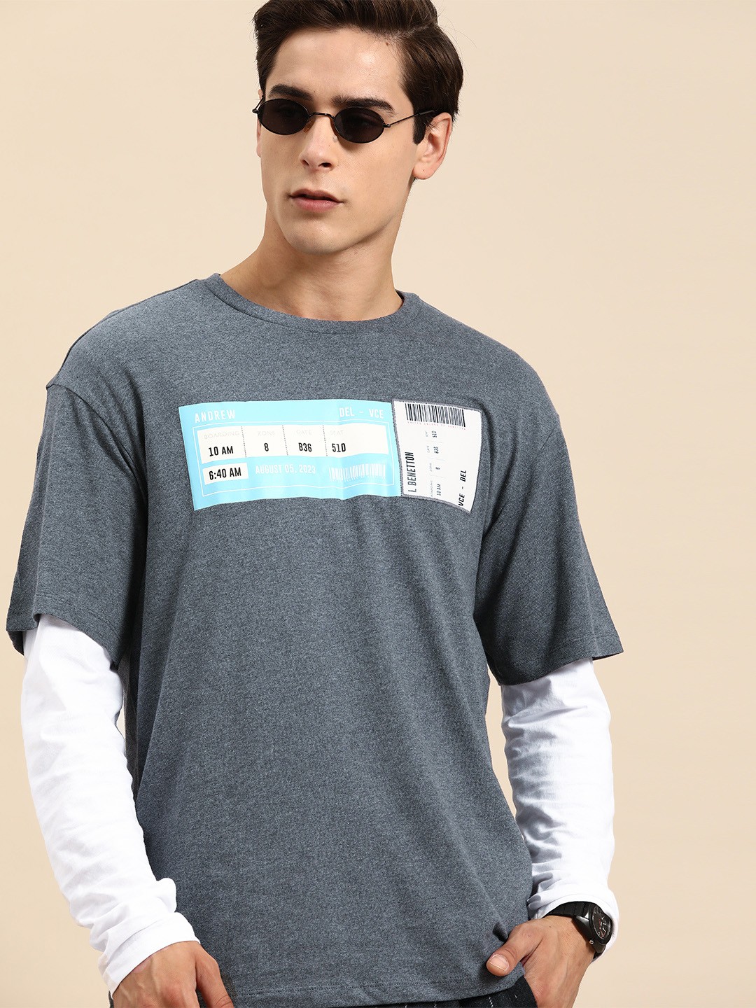 

United Colors of Benetton Pure Cotton Printed Applique Boxy T-shirt, Charcoal