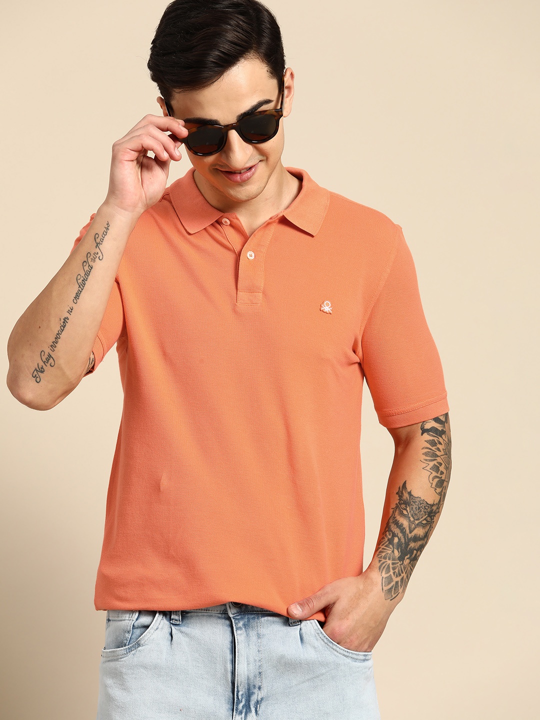 

United Colors of Benetton Solid Pure Cotton Polo Collar T-shirt, Orange