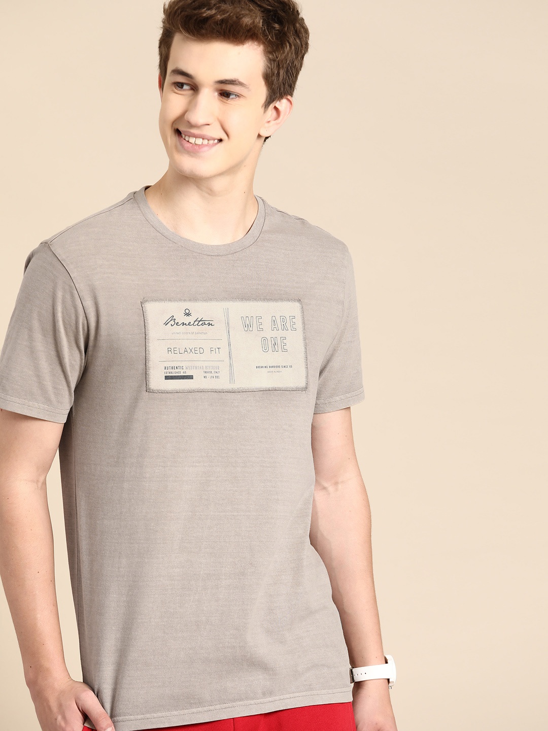 

United Colors of Benetton Typography Print Pure Cotton Relax Fit T-shirt, Beige
