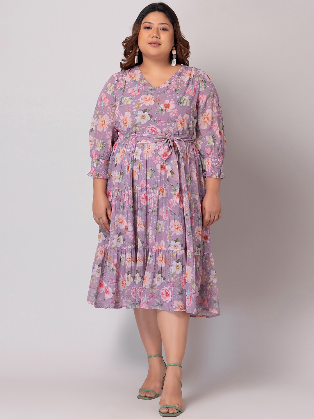 

FabAlley Curve Floral Print Puff Sleeve Fit & Flare Midi Dress, Purple