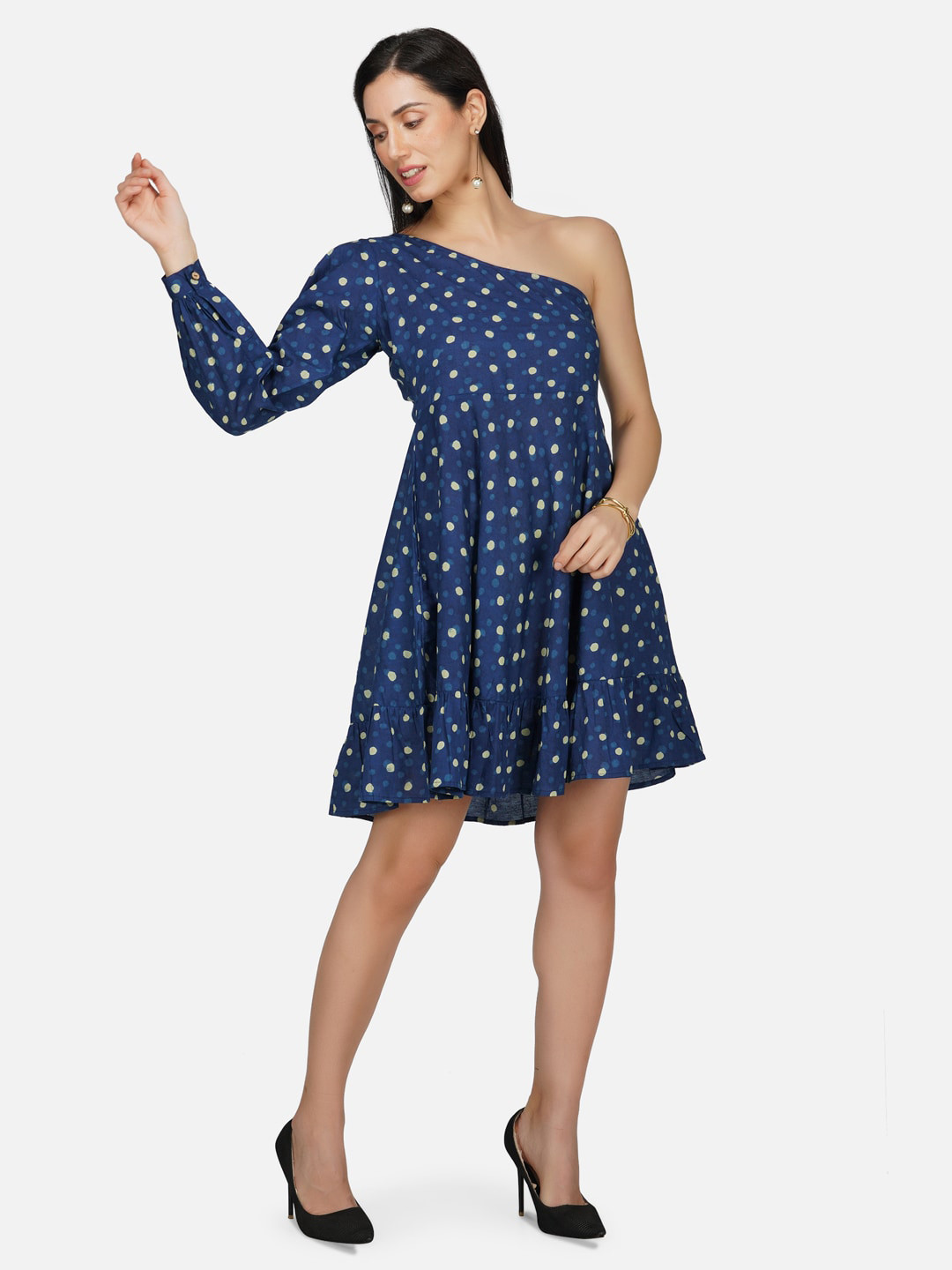 

METRO-FASHION Polka Dot Print One Shoulder Fit & Flare Cotton Dress, Navy blue