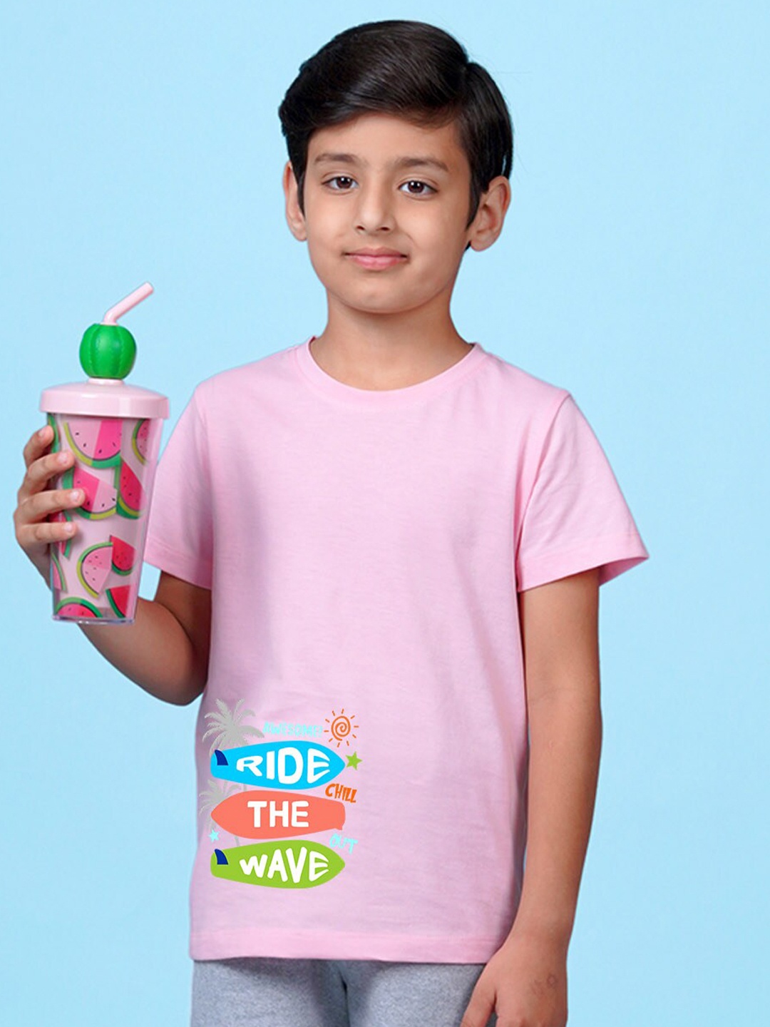 NUSYL Boys Typography Printed Round Neck T-shirt, Pink