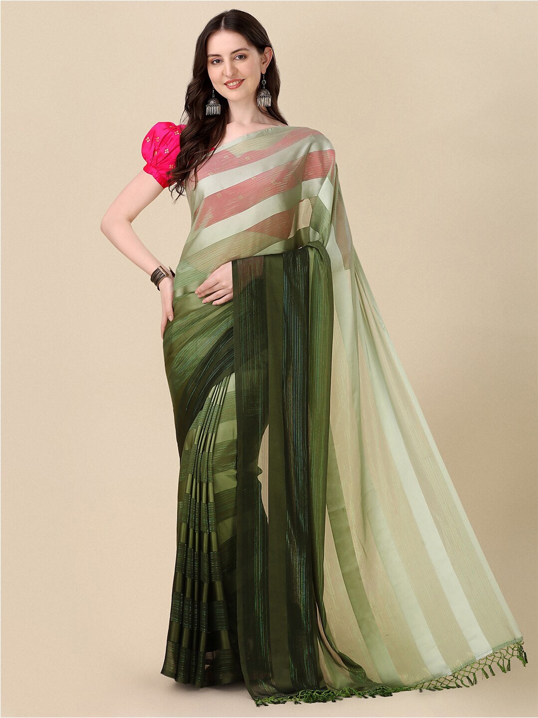 

KALINI Ombre Striped Silk Blend Saree, Olive