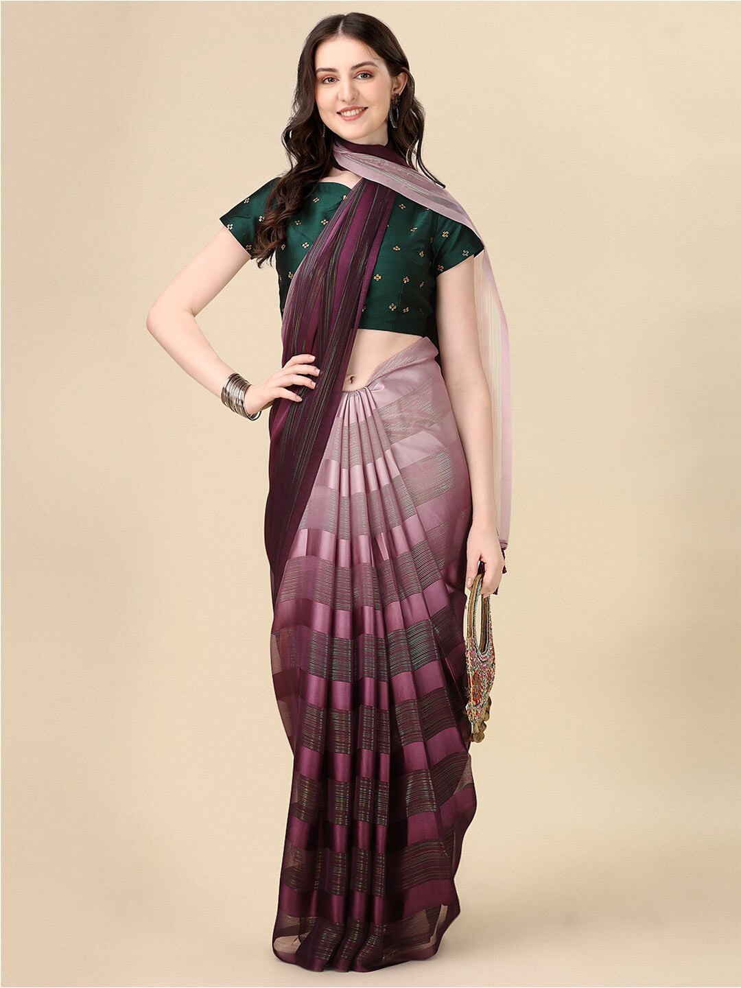 

KALINI Striped Silk Blend Saree, Purple